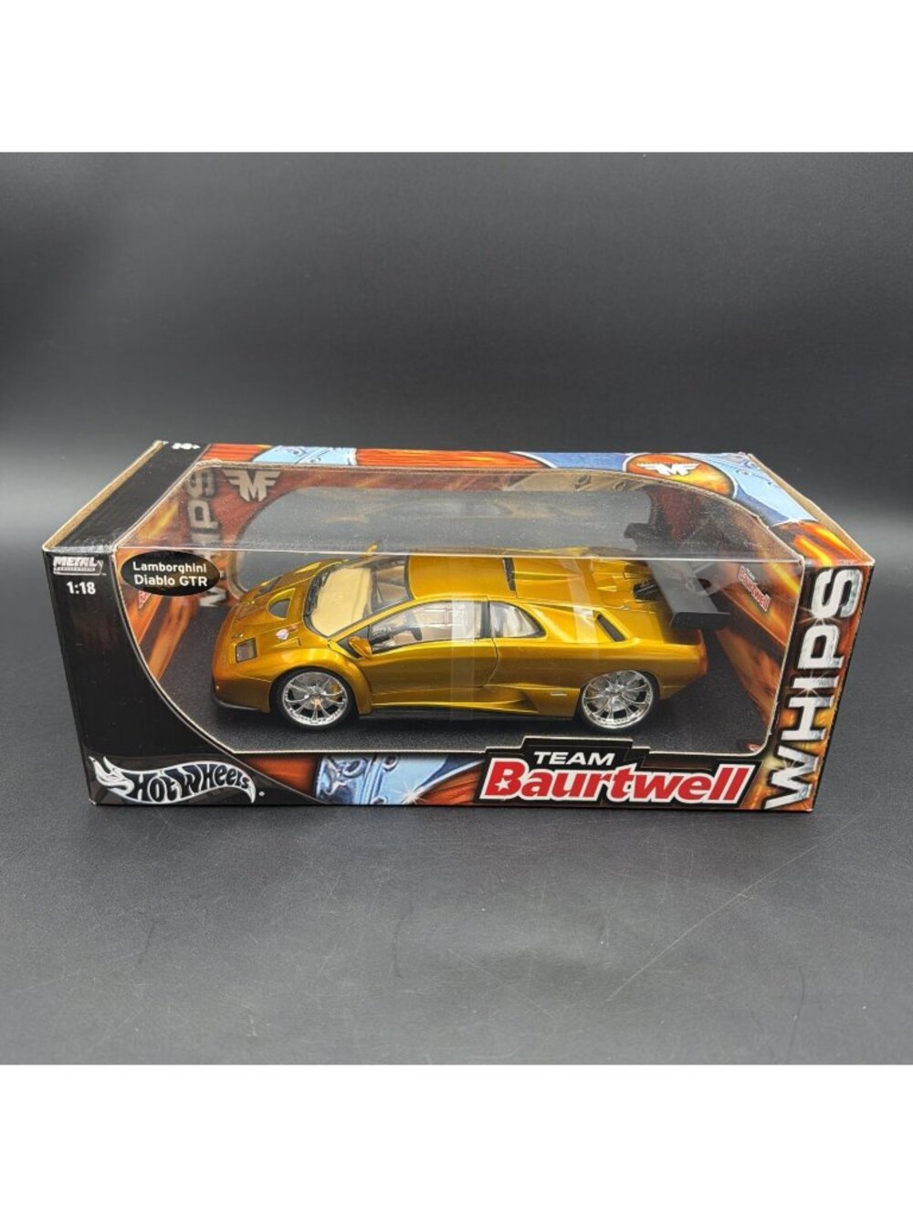 Hot Wheels Team Baurtwell Whips 1:18 Scale Gold  Lamborghini Diablo GTR